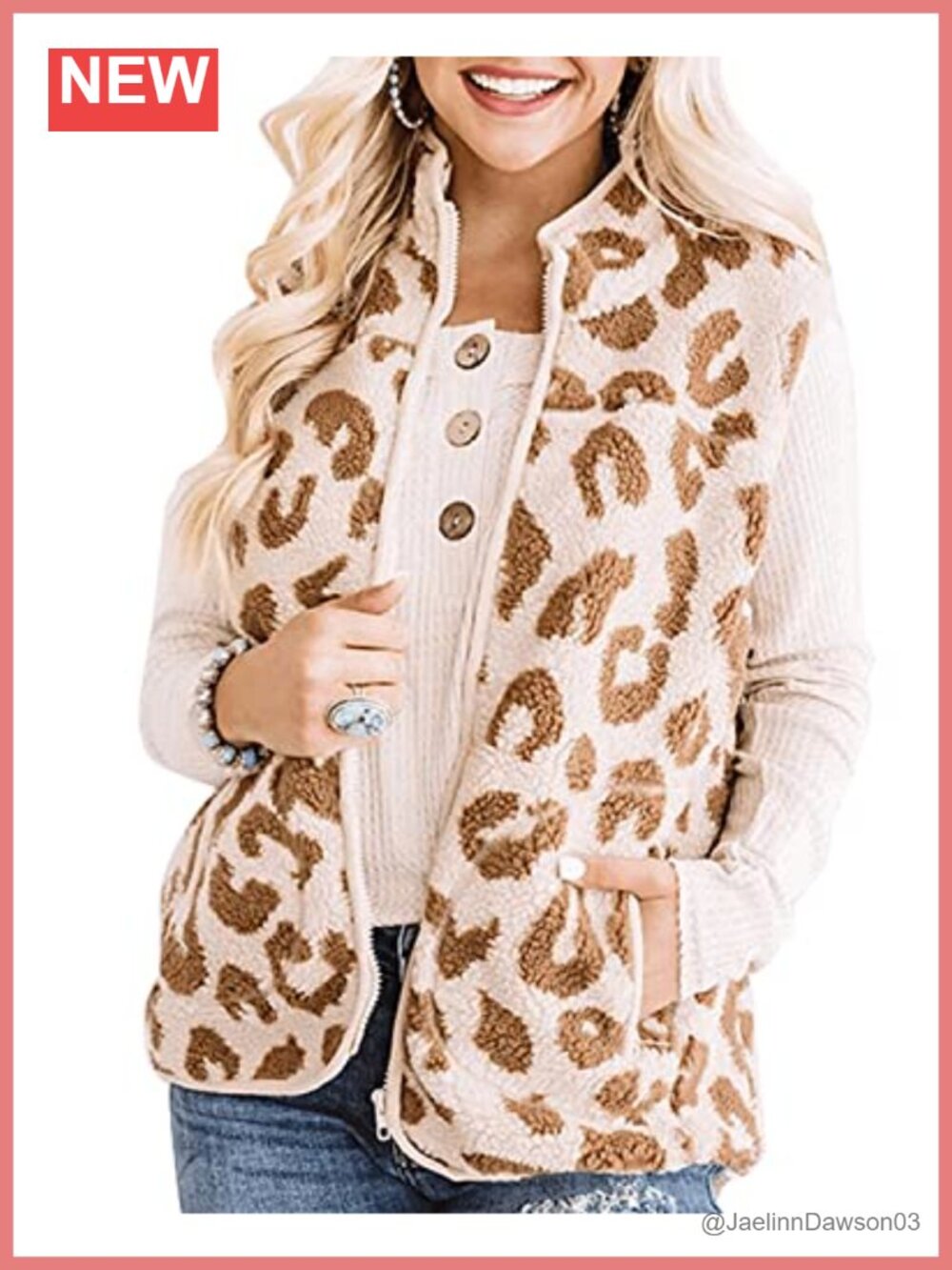 Womens Sleeveless Zip Up Fuzzy Sherpa Leopard Vest Coat With Pockets